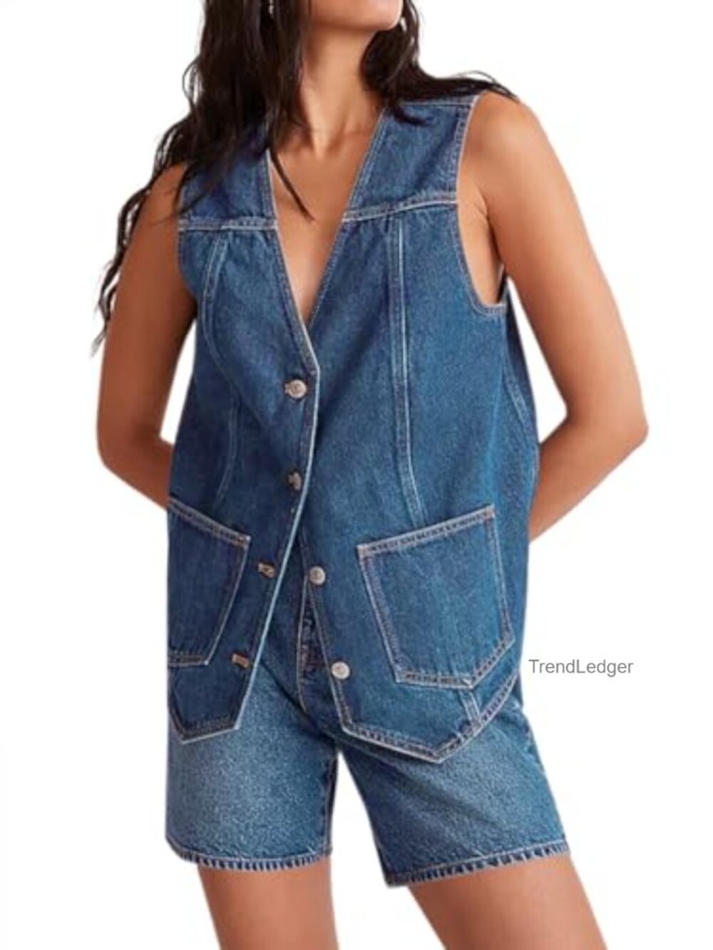 Womens Denim Vest V Neck Button Sleeveless Jean Jacket